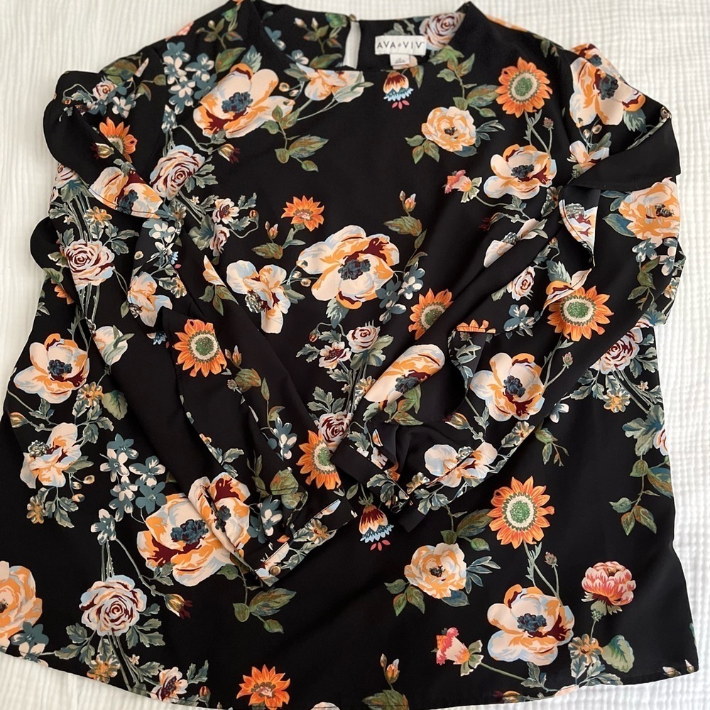 Ava & Viv Womens 1X Black Floral Ruffle Long Sleeve Blouse Sunflowers Roses